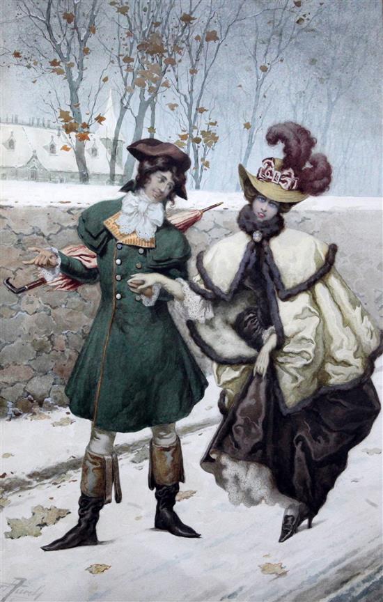 Giuseppe Aureli (1858-1929) Elegant lady and gentleman on a snowy lane, 20.75 x 13.5in.